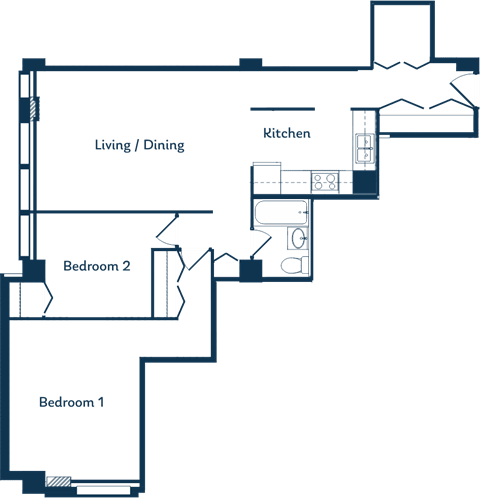 Floor plan for 2 beds, 1 bath, 976 sqft